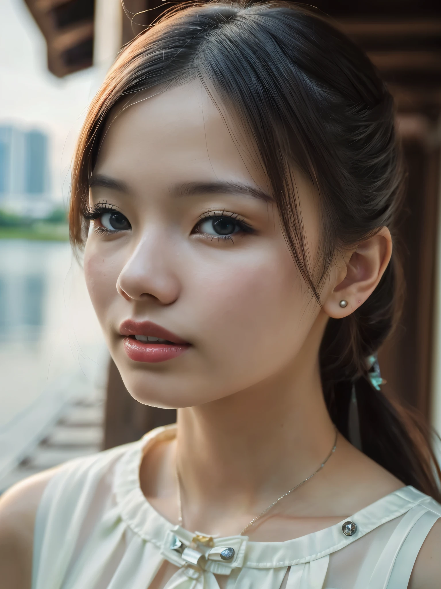 (masterpiece, UHD, 8k, best quality:1.2), solo, 1girl, (photorealistic:1.2), (RAW photo), (ultimate-realistic, ultimate-realistic details, ultimate-realistic texture, ultimate-intricate details, ultimate-realistic lighting, ultimate-realistic shadow, japanese girl, 24yo, ultimate-cute face, ultimate-RAW skin, ultimate-eyes, full body, in a white dress next to a night of waitan riverside, dewy face, sunrays shine upon it, crisp detailing, no haze, modern dress, tropical, contax tix, cabincore, 8K, intricate, blue eyes ,silhouette, light shadow, film grain, Hasselblad X2D 100C + XCD 2,5/25V, F/1.8, (cinematic still:1.2), 35mm photograph, film, bokeh, professional, 4k, highly detailed, perfect fingers ,Extremely Realistic,