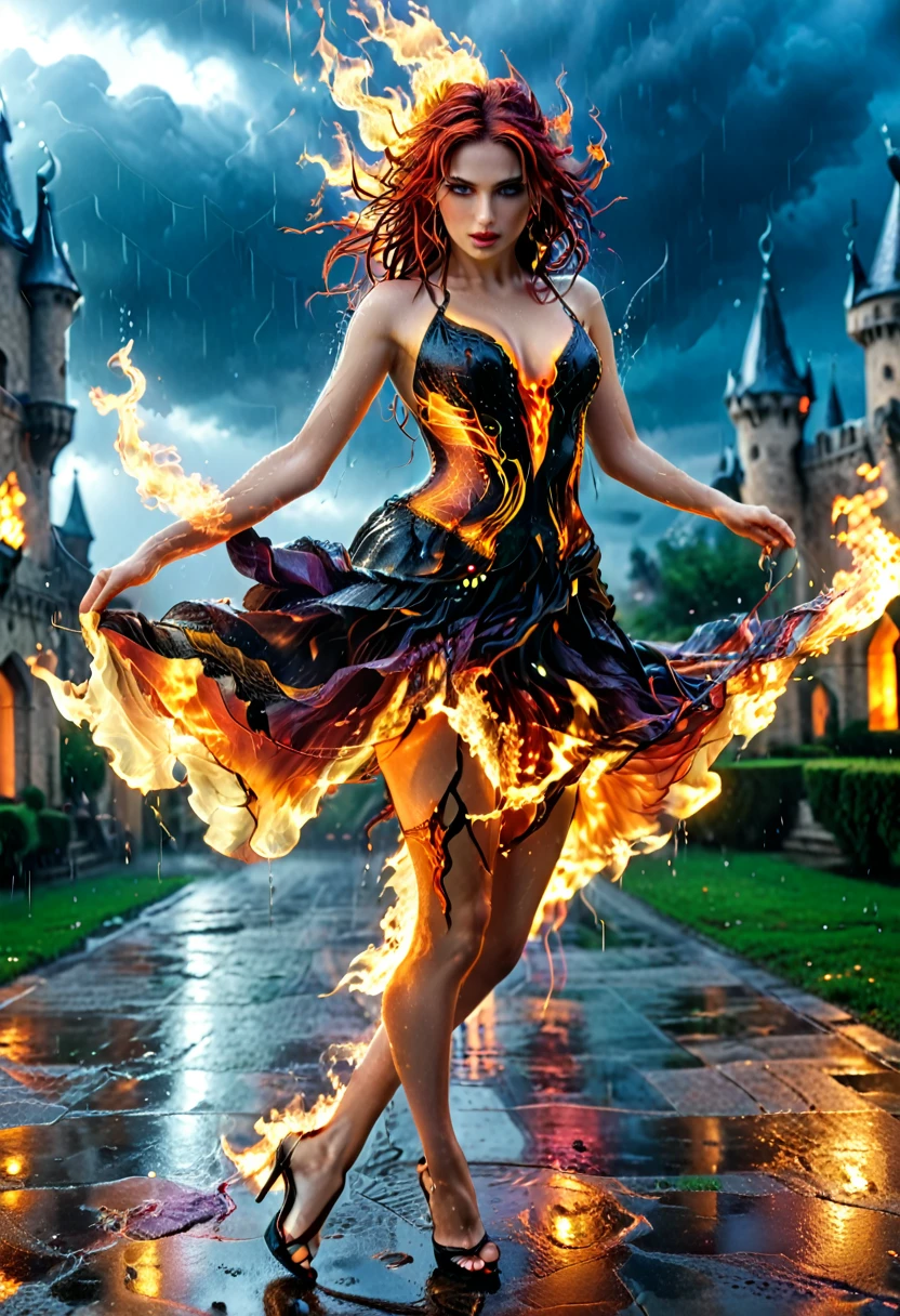 a sorceress of fire making fire dance in a the (storm of rain: 1.3), a most exquisite beautiful sorceress, controlling fire manipulating fire, a woman, dynamic hair color, dynamic hair style, (most beautiful face: 1.3), (ultra detailed face: 1.2), wet hair, wet face, dynamic eyes color, full body shot, wearing dress made of fire, wearing intricate high heels, light make up, dancing in courtyard of a fantasy castle background, ((heavy rain drops: 1.1)), clouds in the sky, (anatomically correct: 1.4), (full body shot: 1.1) , vibrant, Ultra-high resolution, High Contrast, (masterpiece:1.5), highest quality, Best aesthetics), best details, best quality, highres, ultra wide angle, 16k, [ultra detailed], masterpiece, best quality, (extremely detailed), firecd_xl, faize