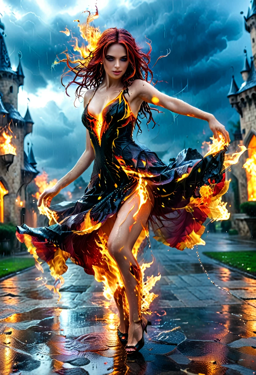 a sorceress of fire making fire dance in a the (storm of rain: 1.3), a most exquisite beautiful sorceress, controlling fire manipulating fire, a woman, dynamic hair color, dynamic hair style, (most beautiful face: 1.3), (ultra detailed face: 1.2), wet hair, wet face, dynamic eyes color, full body shot, wearing dress made of fire, wearing intricate high heels, light make up, dancing in courtyard of a fantasy castle background, ((heavy rain drops: 1.1)), clouds in the sky, (anatomically correct: 1.4), (full body shot: 1.1) , vibrant, Ultra-high resolution, High Contrast, (masterpiece:1.5), highest quality, Best aesthetics), best details, best quality, highres, ultra wide angle, 16k, [ultra detailed], masterpiece, best quality, (extremely detailed), firecd_xl, faize