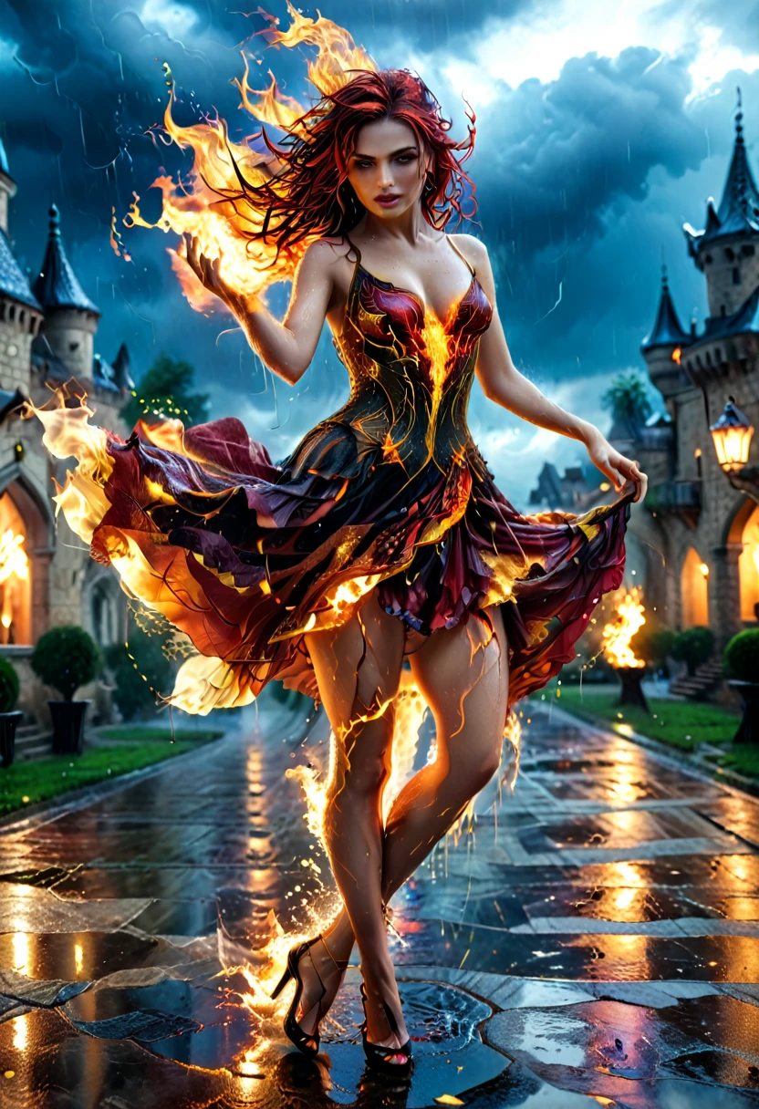 a sorceress of fire making fire dance in a the (storm of rain: 1.3), a most exquisite beautiful sorceress, controlling fire manipulating fire, a woman, dynamic hair color, dynamic hair style, (most beautiful face: 1.3), (ultra detailed face: 1.2), wet hair, wet face, dynamic eyes color, full body shot, wearing dress made of fire, wearing intricate high heels, light make up, dancing in courtyard of a fantasy castle background, ((heavy rain drops: 1.1)), clouds in the sky, (anatomically correct: 1.4), (full body shot: 1.1) , vibrant, Ultra-high resolution, High Contrast, (masterpiece:1.5), highest quality, Best aesthetics), best details, best quality, highres, ultra wide angle, 16k, [ultra detailed], masterpiece, best quality, (extremely detailed), firecd_xl, faize