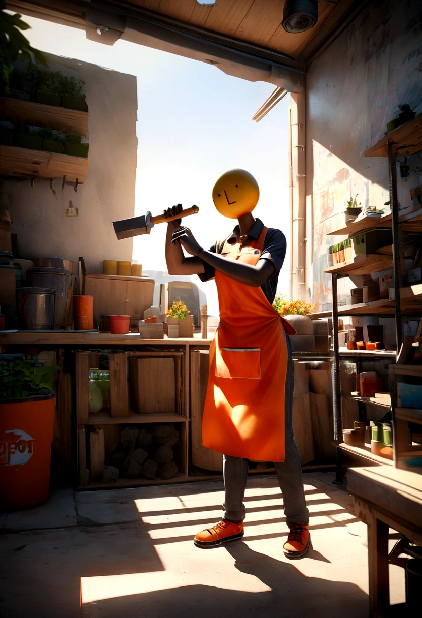 Cup-Head art style Luis Roya art style, graffiti full body illustration of an anthropomorphic hammer in silhouette, wearing a polo style shirt & orange home depot apron, at the home depot, worker pose, double exposure background gardening aisle with home depot logo, minimalistic, rtx, UHD, cell shading, 32k, ray tracing, well defined, comic, digital painting, cartoon, photorealistic, drawing, unreal engine, octane render, shaders, 4d