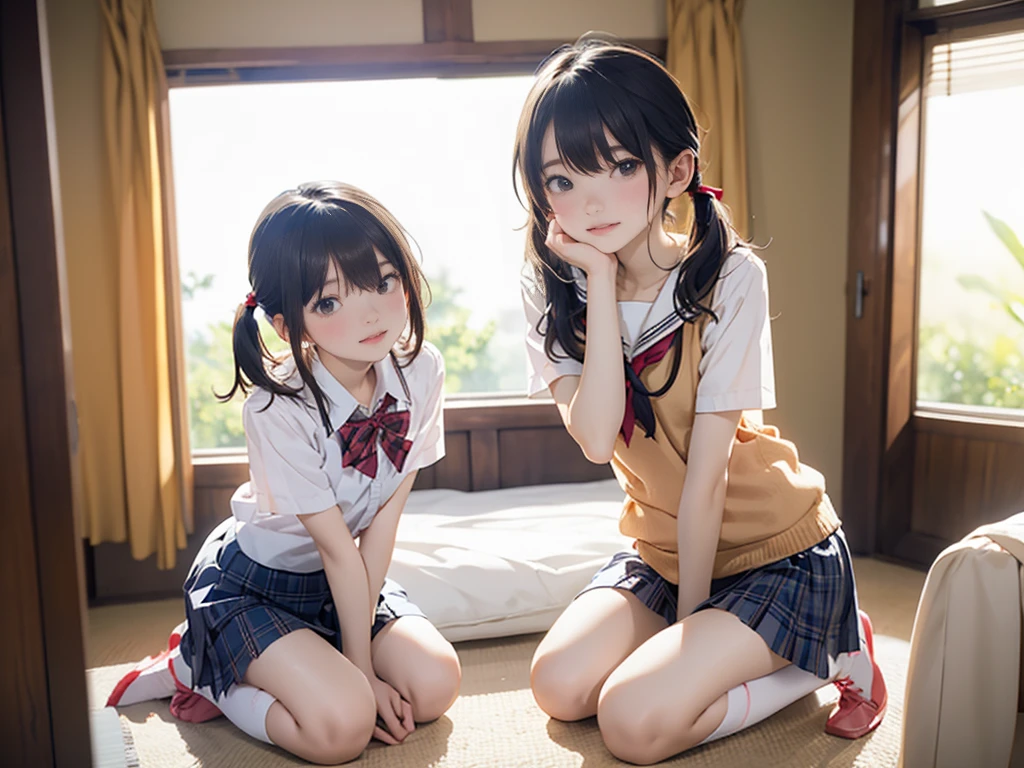 Sit in a study chair,15 years old,(loli:1.0),elementary student、young,(Plaid pleated skirt),flat breast,Pupils,teens girl,A dark-haired,delicate and body,in a my house、frontage、Looking here、(full body:1.3)、white soks,my room,bed,desk,chair,book,pc、( smile:1.0),(skinny:1.2),beautiful girl,akb48,nogizaka46,(short twintails:1.1),,(full-face blush:1.5),,open legs,kneel up,