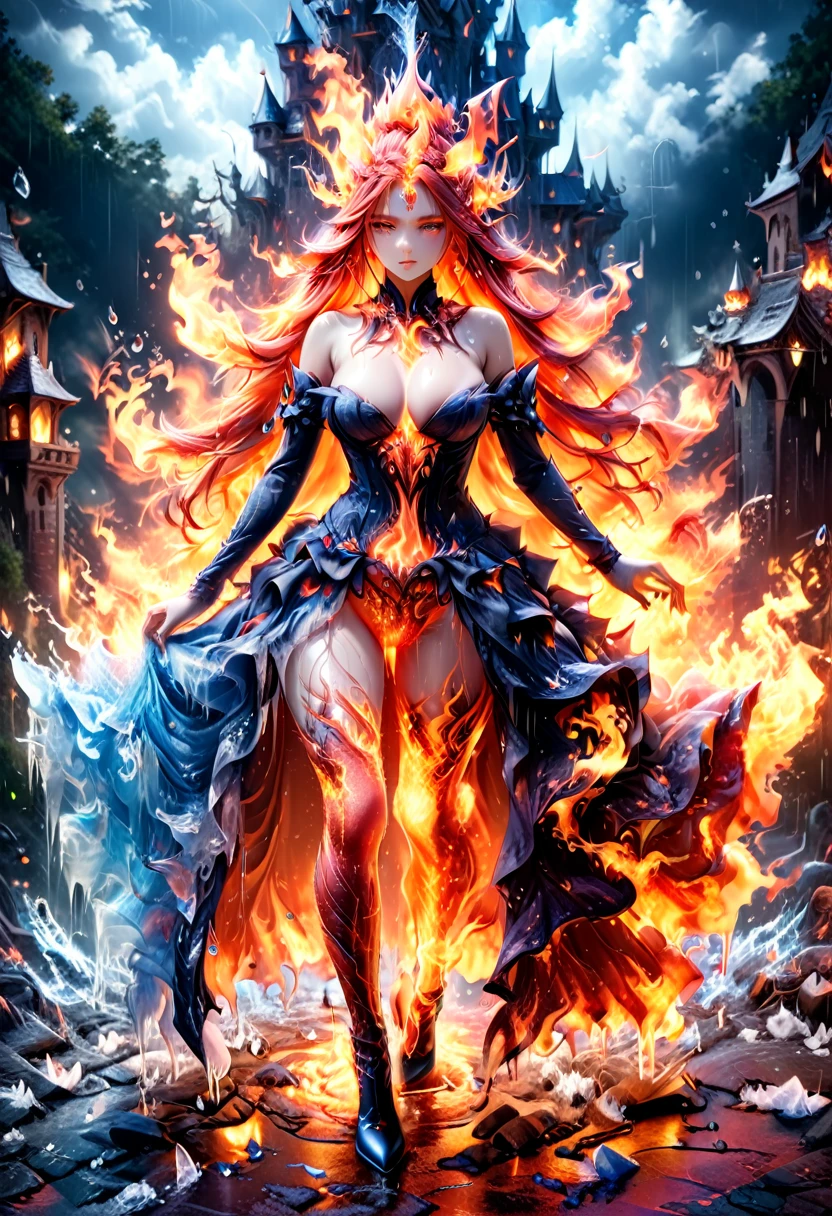 a sorceress of fire making fire dance in a the (storm of rain: 1.3), a most exquisite beautiful sorceress, controlling fire manipulating fire, a woman, dynamic hair color, dynamic hair style, (most beautiful face: 1.3), (ultra detailed face: 1.2), wet hair, wet face, dynamic eyes color, full body shot, wearing dress made of fire, wearing intricate high heels, light make up, dancing in courtyard of a fantasy castle background, ((heavy rain drops: 1.1)), clouds in the sky, (anatomically correct: 1.4), (full body shot: 1.1) , vibrant, Ultra-high resolution, High Contrast, (masterpiece:1.5), highest quality, Best aesthetics), best details, best quality, highres, ultra wide angle, 16k, [ultra detailed], masterpiece, best quality, (extremely detailed), faize