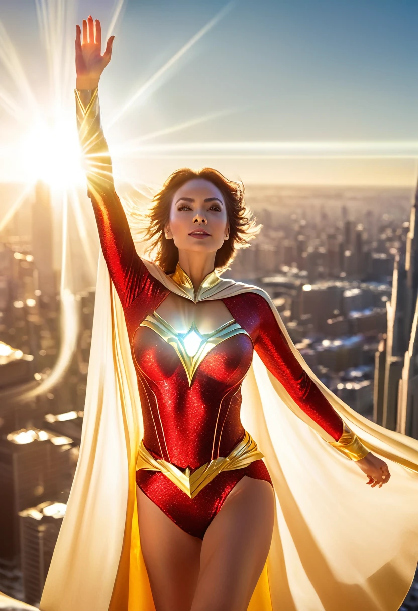 Epic superhero photo of Solarflare, a powerful woman with radiant skin and glowing eyes, wearing a golden-red suit with a shimmering cape, absorbing solar energy with her hands outstretched, full body framing, ascending above a partially frozen city skyline, under intense sunlight with lens flares and light bursts, shot from a low angle looking up, on a RED KOMODO 6K camera with an ultra-wide lens, (HDR effect:1.4), (dynamic motion blur on cape:1.2), in the style of (Alex Ross's realistic superhero paintings:1.3) meets (J.J. Abrams' lens flare aesthetic:1.3)