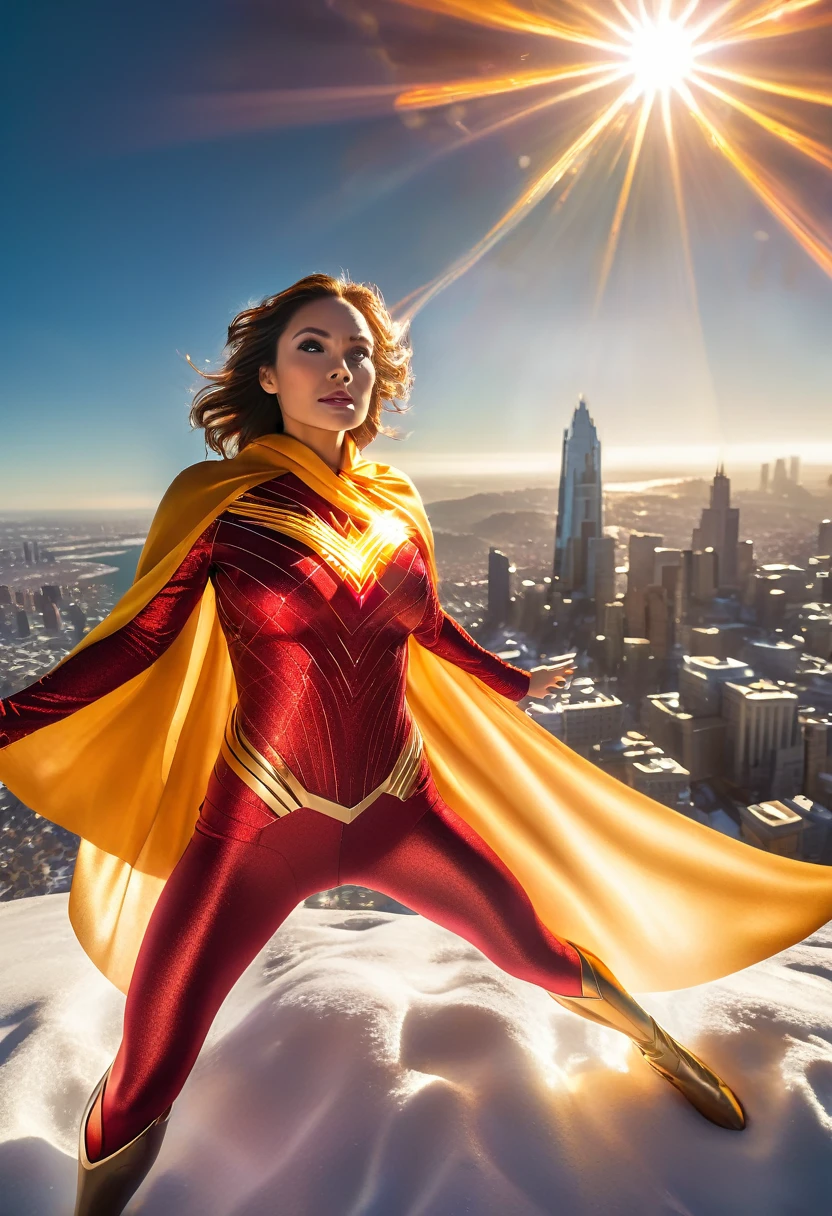 Epic superhero photo of Solarflare, a powerful woman with radiant skin and glowing eyes, wearing a golden-red suit with a shimmering cape, absorbing solar energy with her hands outstretched, full body framing, ascending above a partially frozen city skyline, under intense sunlight with lens flares and light bursts, shot from a low angle looking up, on a RED KOMODO 6K camera with an ultra-wide lens, (HDR effect:1.4), (dynamic motion blur on cape:1.2), in the style of (Alex Ross's realistic superhero paintings:1.3) meets (J.J. Abrams' lens flare aesthetic:1.3)