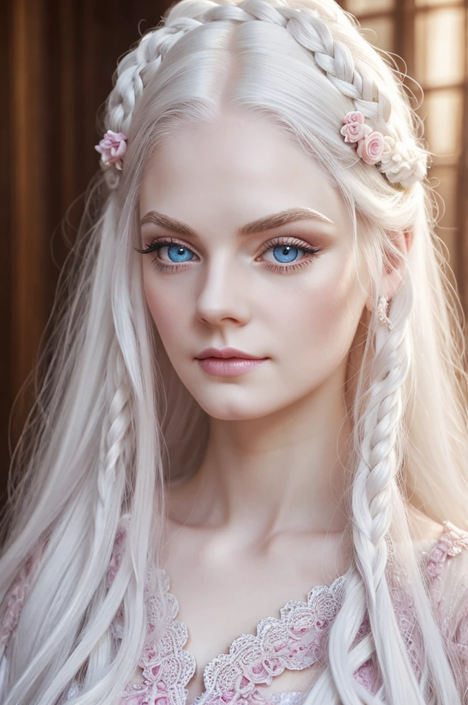 Woman in aristocratic noble dress,with long curly white hair, blue eyes, albino eyelashes and eyebrows, pale white skin, pink and slightly thick lips