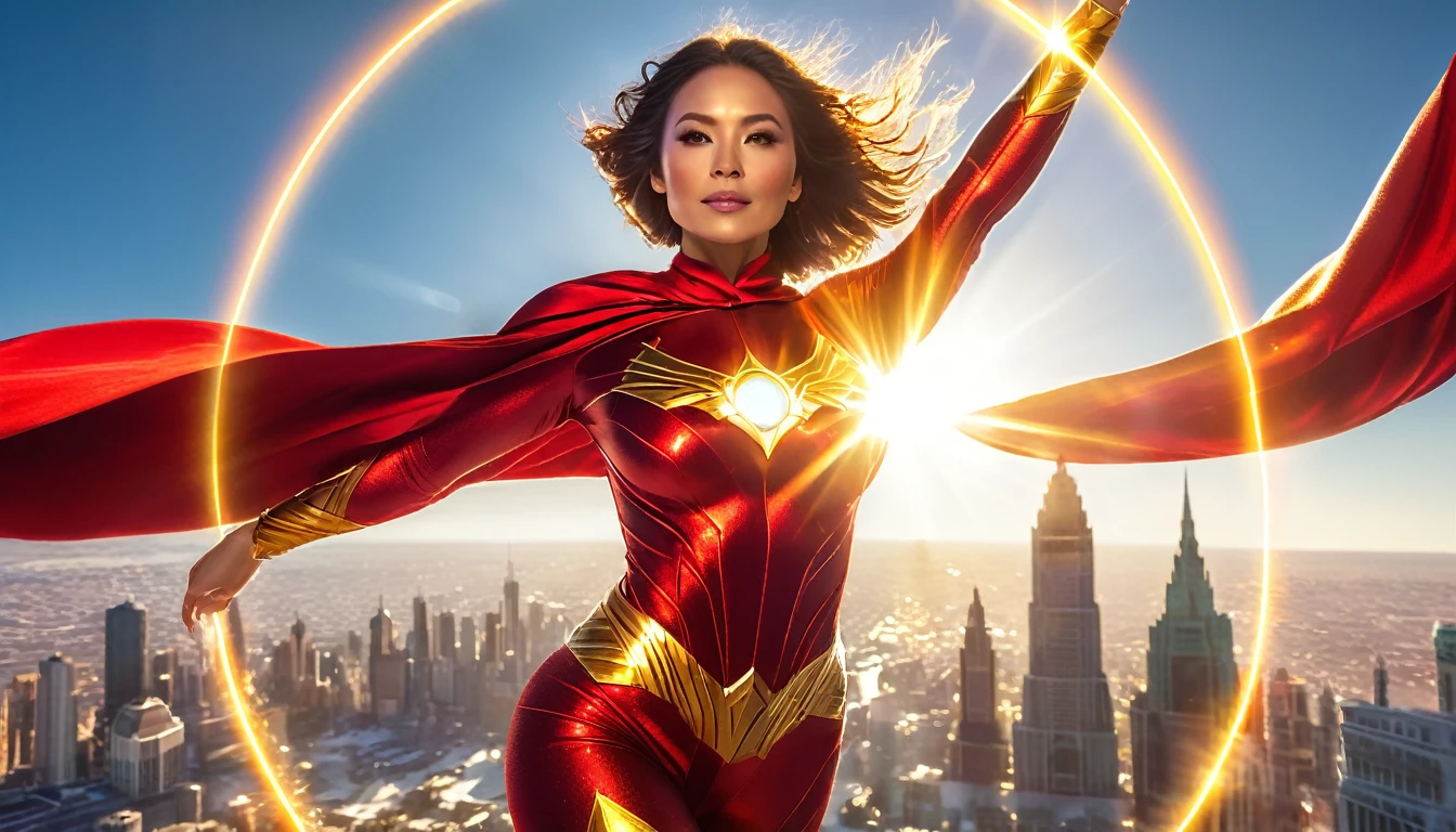 Epic superhero photo of Solarflare, a powerful woman with radiant skin and glowing eyes, wearing a golden-red suit with a shimmering cape, absorbing solar energy with her hands outstretched, full body framing, ascending above a partially frozen city skyline, under intense sunlight with lens flares and light bursts, shot from a low angle looking up, on a RED KOMODO 6K camera with an ultra-wide lens, (HDR effect:1.4), (dynamic motion blur on cape:1.2), in the style of (Alex Ross's realistic superhero paintings:1.3) meets (J.J. Abrams' lens flare aesthetic:1.3)