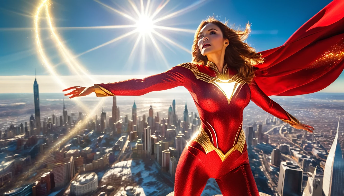Epic superhero photo of Solarflare, a powerful woman with radiant skin and glowing eyes, wearing a golden-red suit with a shimmering cape, absorbing solar energy with her hands outstretched, full body framing, ascending above a partially frozen city skyline, under intense sunlight with lens flares and light bursts, shot from a low angle looking up, on a RED KOMODO 6K camera with an ultra-wide lens, (HDR effect:1.4), (dynamic motion blur on cape:1.2), in the style of (Alex Ross's realistic superhero paintings:1.3) meets (J.J. Abrams' lens flare aesthetic:1.3)