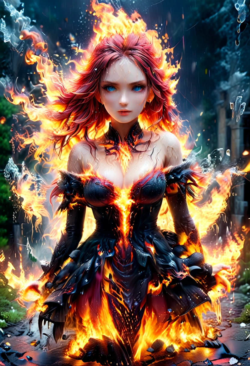 a sorceress of fire making fire dance in a the (storm of rain: 1.3), a most exquisite beautiful sorceress, controlling fire manipulating fire, a woman, dynamic hair color, dynamic hair style, (most beautiful face: 1.3), (ultra detailed face: 1.2), wet hair, wet face, dynamic eyes color, full body shot, wearing dress made of fire, wearing intricate high heels, light make up, dancing in courtyard of a fantasy castle background, ((heavy rain drops: 1.1)), clouds in the sky, (anatomically correct: 1.4), (full body shot: 1.1) , vibrant, Ultra-high resolution, High Contrast, (masterpiece:1.5), highest quality, Best aesthetics), best details, best quality, highres, ultra wide angle, 16k, [ultra detailed], masterpiece, best quality, (extremely detailed), faize