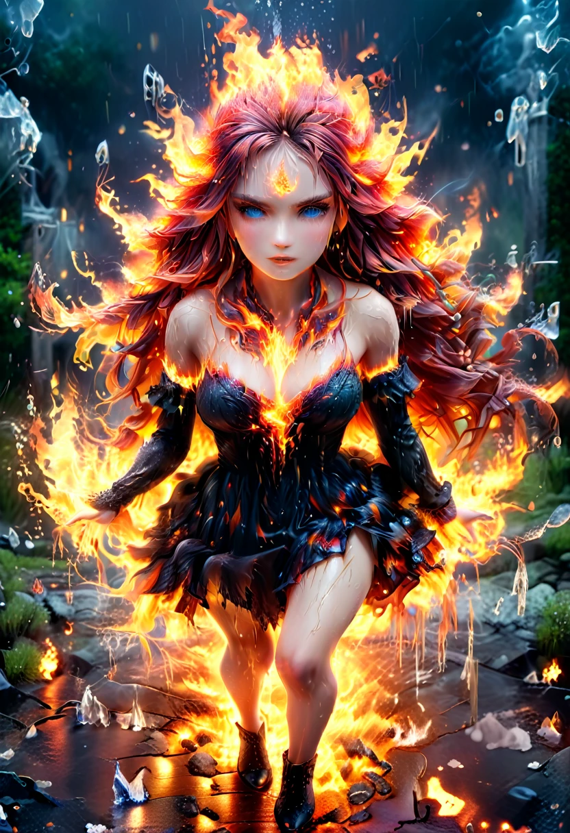 a sorceress of fire making fire dance in a the (storm of rain: 1.3), a most exquisite beautiful sorceress, controlling fire manipulating fire, a woman, dynamic hair color, dynamic hair style, (most beautiful face: 1.3), (ultra detailed face: 1.2), wet hair, wet face, dynamic eyes color, full body shot, wearing dress made of fire, wearing intricate high heels, light make up, dancing in courtyard of a fantasy castle background, ((heavy rain drops: 1.1)), clouds in the sky, (anatomically correct: 1.4), (full body shot: 1.1) , vibrant, Ultra-high resolution, High Contrast, (masterpiece:1.5), highest quality, Best aesthetics), best details, best quality, highres, ultra wide angle, 16k, [ultra detailed], masterpiece, best quality, (extremely detailed), faize