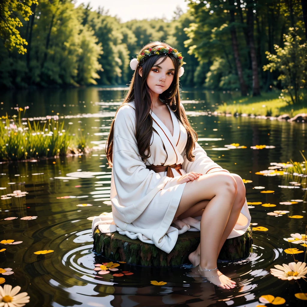 beautiful girl 19 years old, brown hair color, in a robe as white as a dress, knee-deep in a pond on the holiday of Ivan Kupala, There is a wreath on his head, Evening