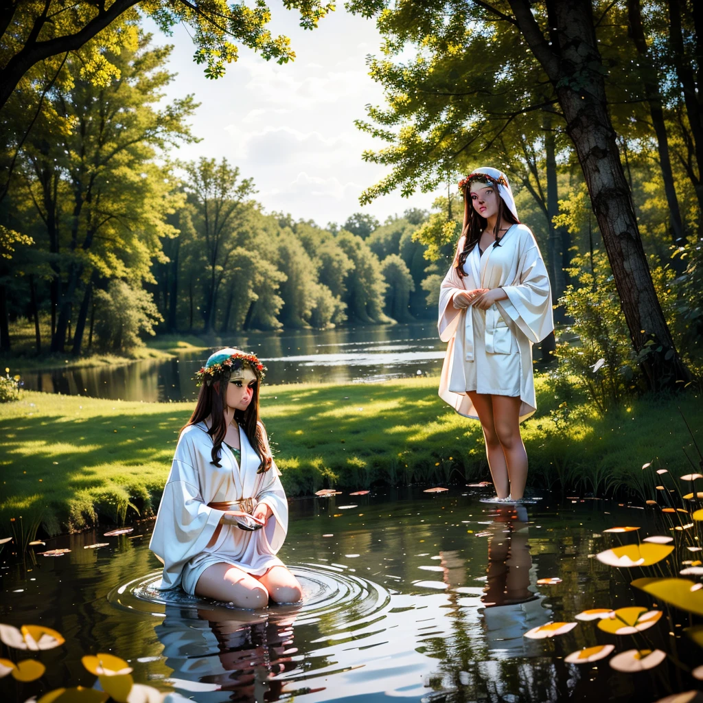 beautiful girl 19 years old, brown hair color, in a robe as white as a dress, knee-deep in a pond on the holiday of Ivan Kupala, There is a wreath on his head, Evening