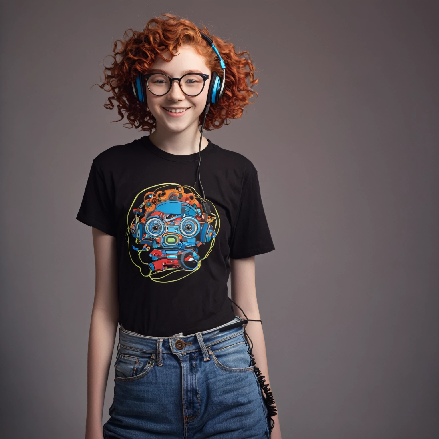 SeaArt Robot, Txt2Img, 11:21:31, masterpiece, best quality),1 16-year-old ager, wavy red hair, round glasses, curly hair, smiling, black T-shirt, wide-mouthed jeans, hand on waist, headphones in ear, warm lighting, blurred foreground, posing for a self picture.