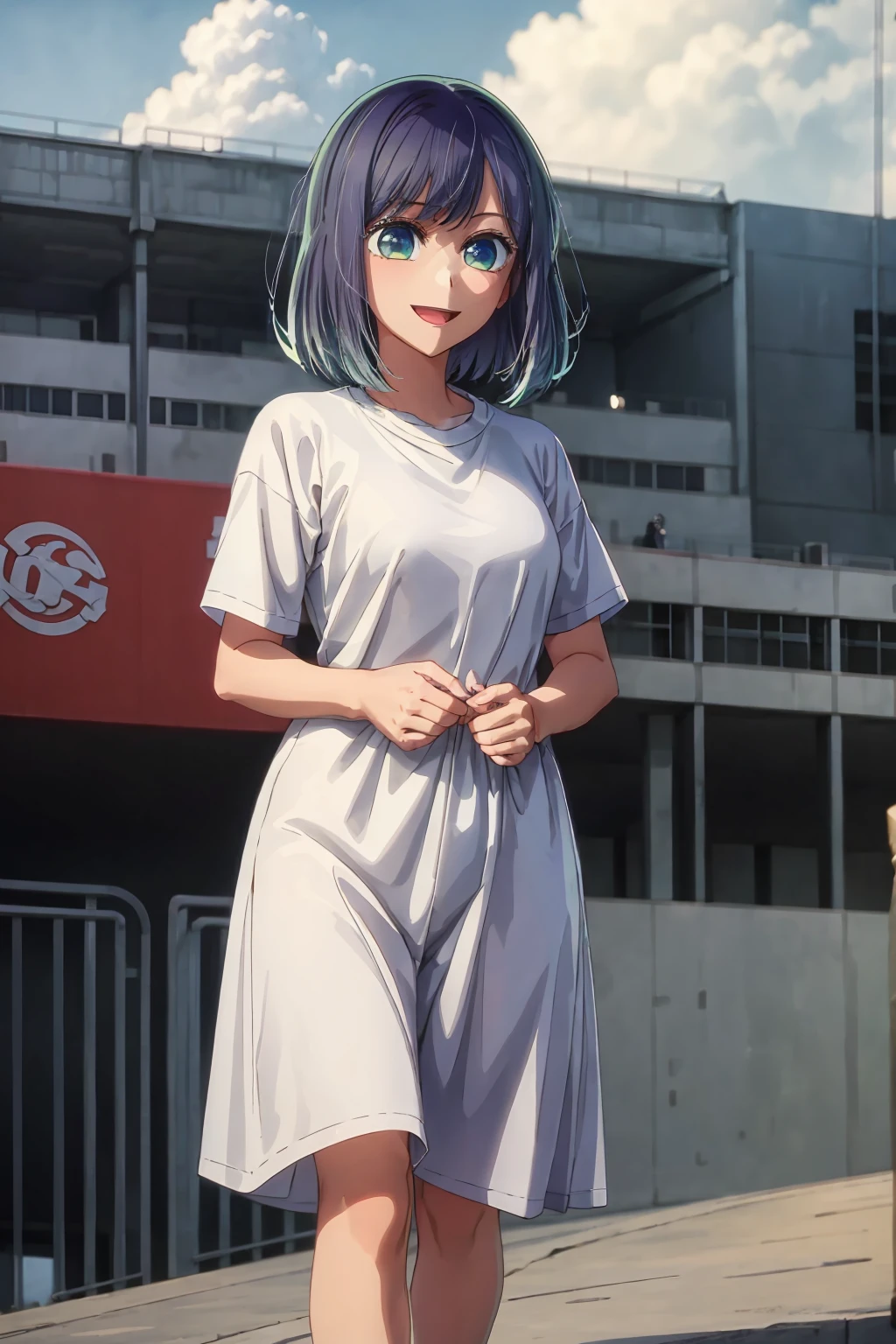 best quality, masterpiece, 1 girl, alone, beautiful eyes, big smile, very surprised expression, casual clothes, stadium stands background