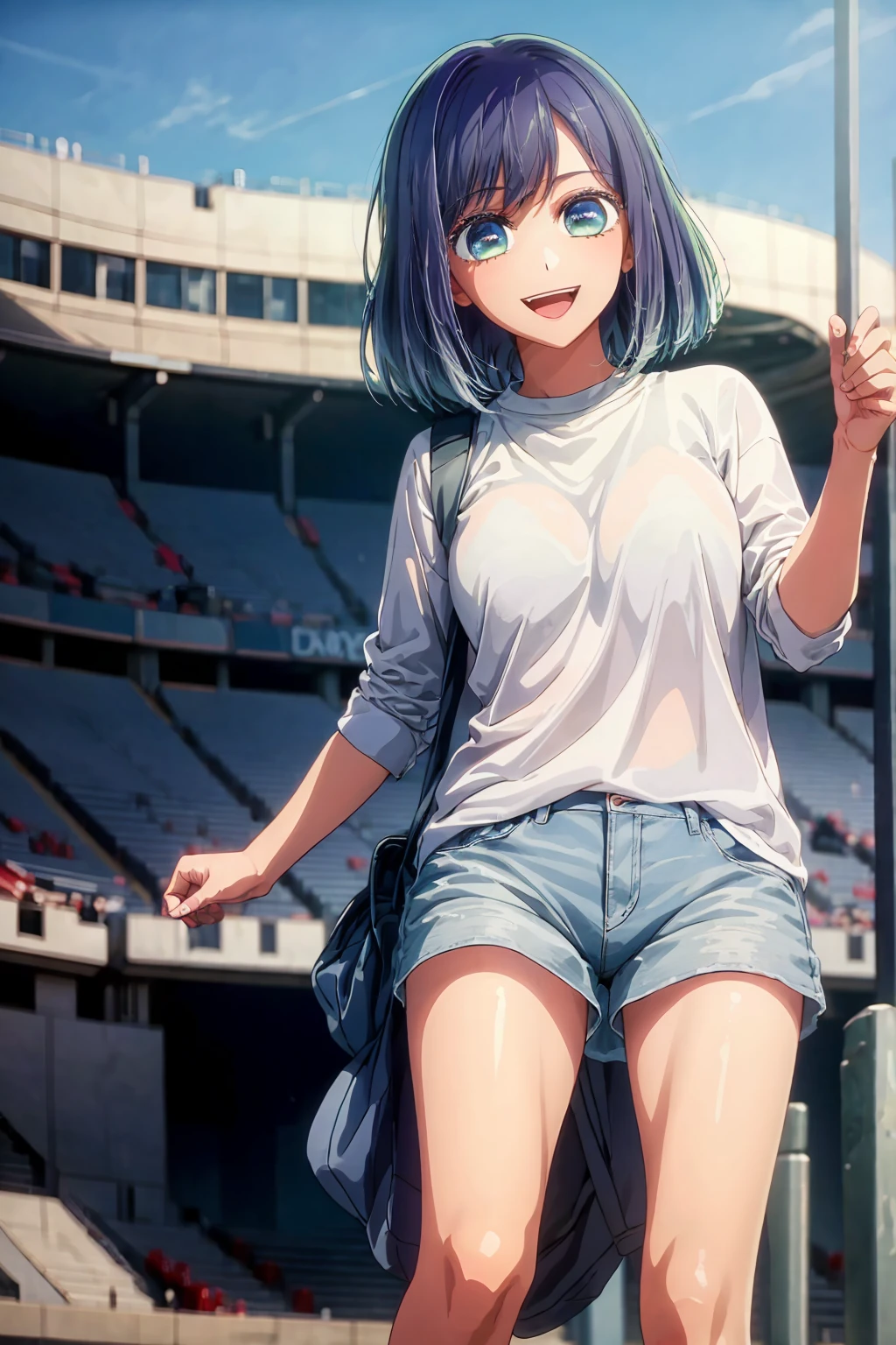 best quality, masterpiece, 1 girl, alone, beautiful eyes, big smile, very surprised expression, casual clothes, stadium stands background