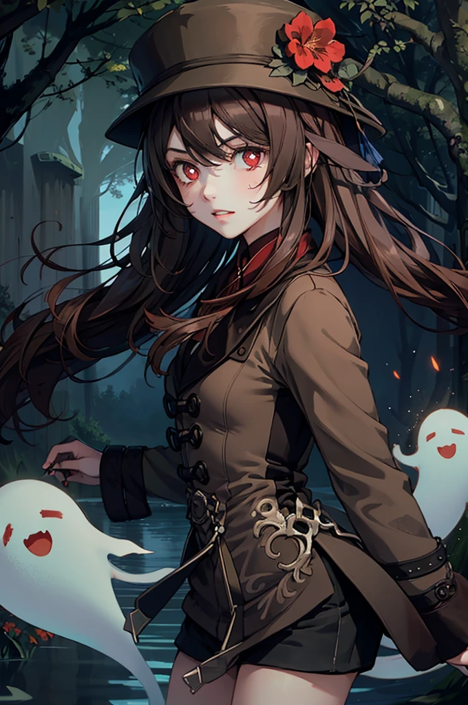 1 girl solo, brown jacket, long brown hair, red eyes, brown hat with red flowers, outside in a swampy forest at night, swamp lights, ghost figures around, blue lights flying in the air, will-o-the-wisp