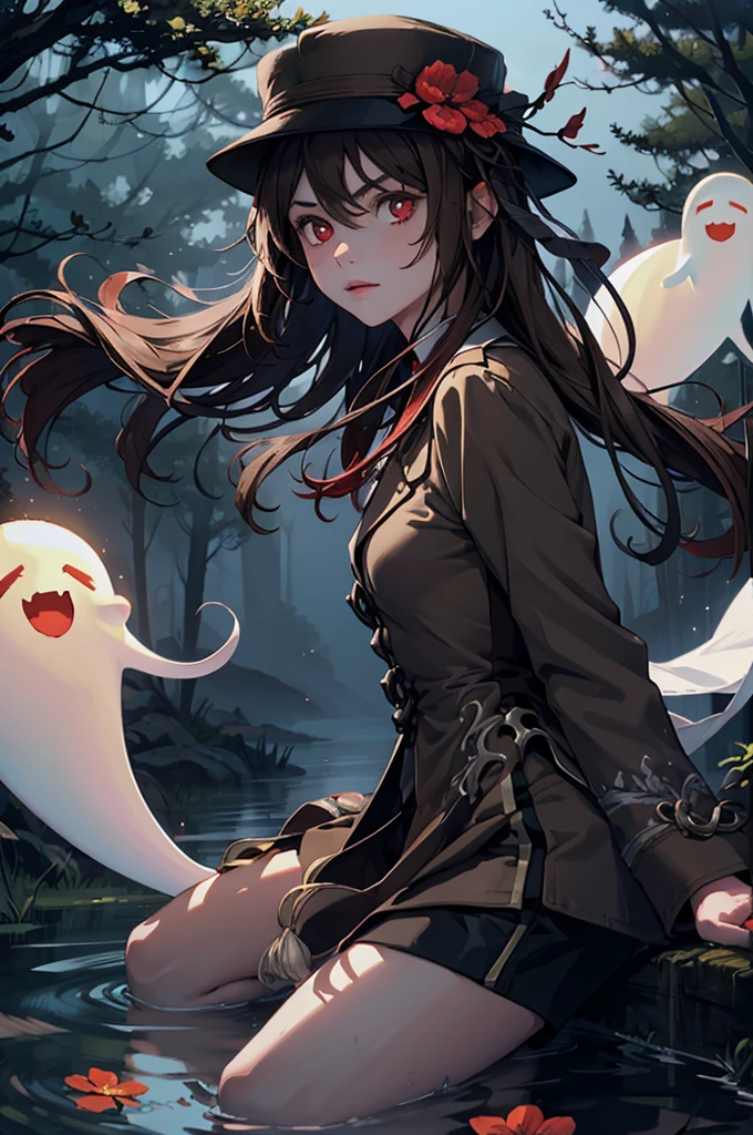 1 girl solo, brown jacket, long brown hair, red eyes, brown hat with red flowers, outside in a swampy forest at night, swamp lights, ghost figures around, blue lights flying in the air, will-o-the-wisp