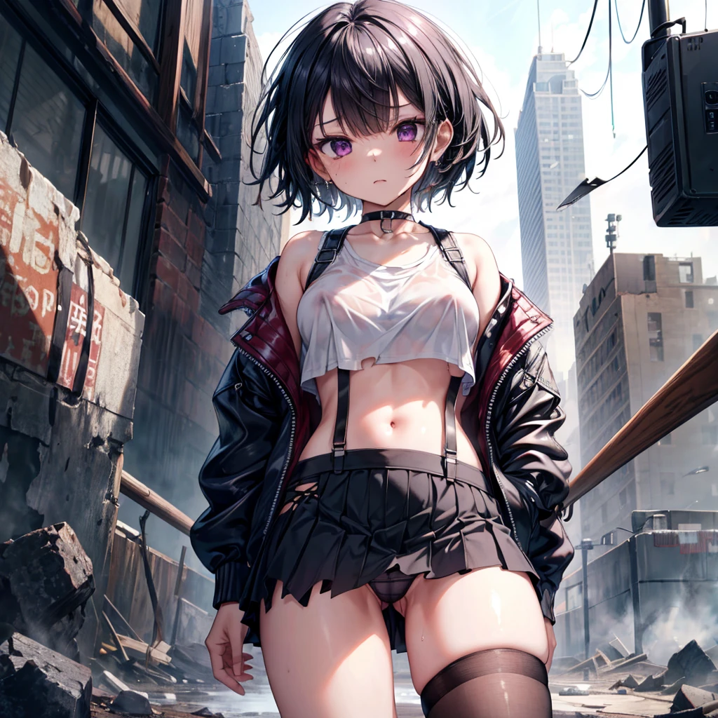 ((Highest quality)), ((masterpiece)), ((detailed)), (4K), 1girl, 独奏, short hair, black hair, (eyepatch), purple eye, crop top, leather jacket, Torn miniskirt, suspender skirt, torn pantyhose, panties, panties under pantyhose, choker, bracelet, erect nipples, rain, (wet),  (expressionless), scowl, (from below), (looking down), looking at viewer, wasteland