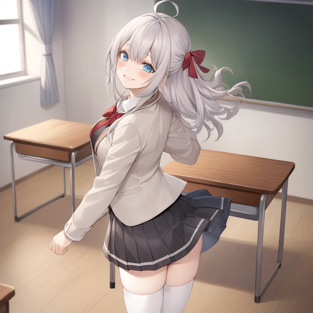 detailed skin, detailed hair, 1girl, detailed skin, detailed hair, long hair, blue eyes, grey hair, hair between eyes, bangs, ahoge, , open jacket, collared shirt, red bow, long sleeves, pleated skirt, hair ribbon, red bowtie, white shirt, beige blazer, ((White thighhighs:1.5)),zettai ryouiki, bouncing ass, in the classroom, from back, smile, looking back, white Lace panties, medium breasts,