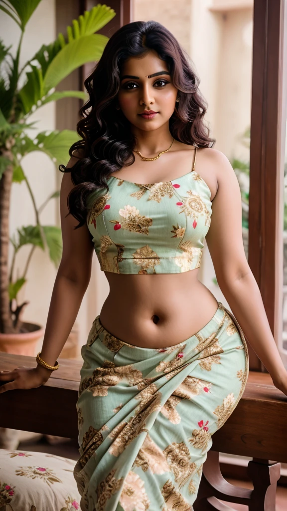 Elegant Indian woman in Bollywood-style floral crop top, luxurious setting, 8K resolution, curvy figure, detailed face with glowing skin, glamorous makeup, wavy hair, and looking at the camera.