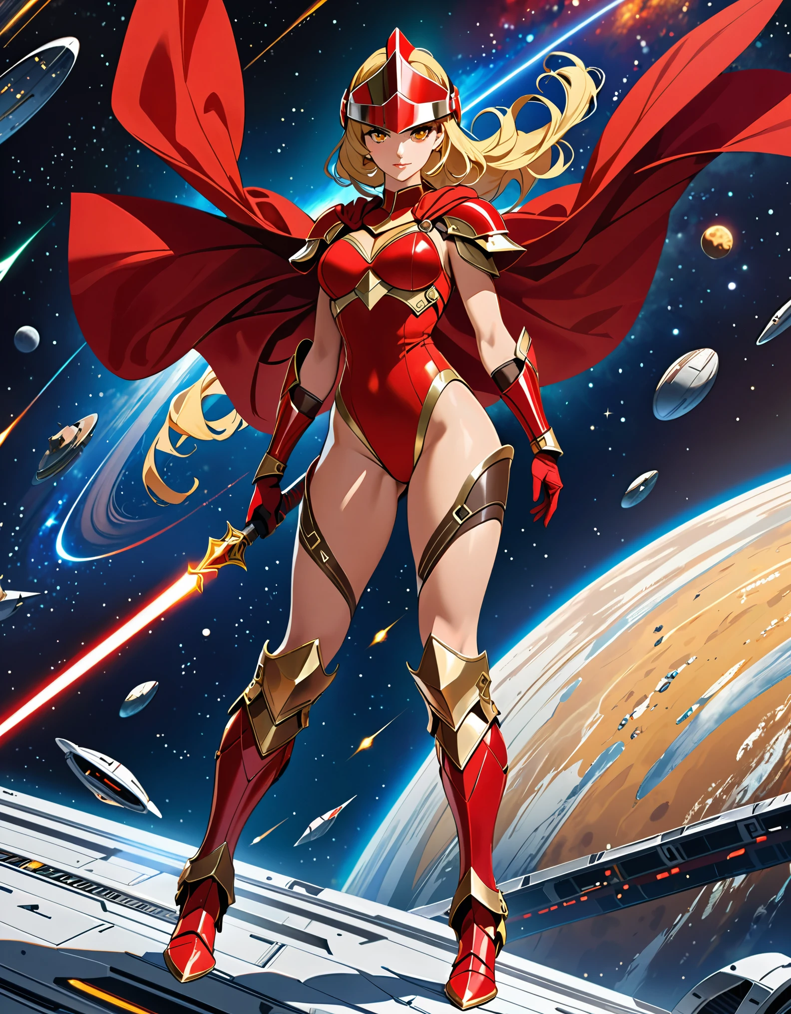 ((masterpiece)), ((best quality)), ((high res)), (dynamic villain pose), (solo, solo focus), standing, italian, (blonde hair, brown eyes), ((beautiful detailed eyes)), (a woman in a yellow and red costume and red cape), (leotard, bare legs), (roman helmet with futuristic visor, matching armored boots), (perfect hands, perfect anatomy), space backdrop, full body costume design.