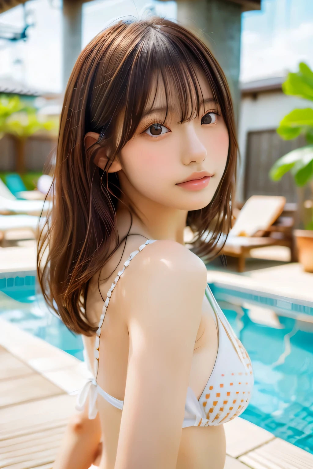 Young Japanese Woman, 30th Generation, White Background, simple background, White brown hair, thin, 4K, In 8K, high quality, beauty, Beautiful Eyes, simple, High resolution, Swimwear, bikini、Poolside