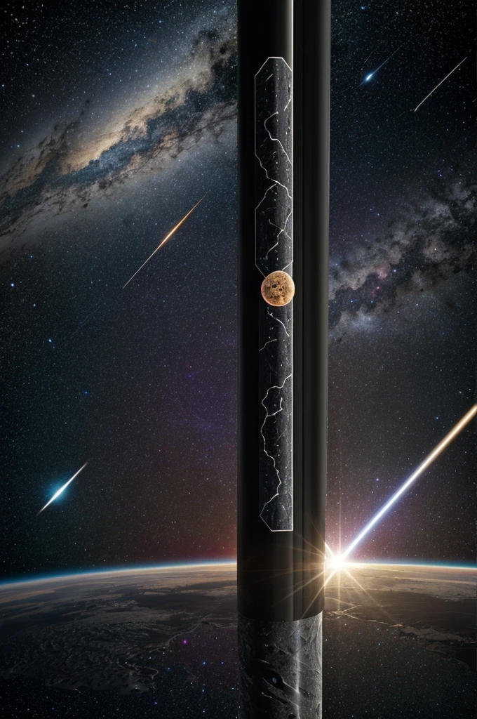 A galactic black pole, that has a meteorite printed with a hand drawn in the center of the pole and above the meteorite say: all the way from outer space, should i grab it?