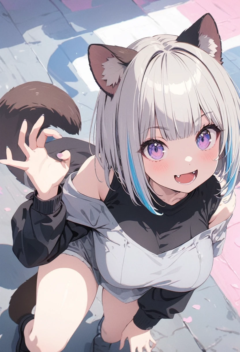 (best quarity,ultra detailed,ultra-high-resolution, absolutely resolution,8k, masterpiece),anime,(pale colors:1.8),long shot, 1girl, solo, cat mouth, dynamic angle, OK signs, grin, smile, opened mouth, fang, blue hair, bobcut, straight hair, racoon ears, racoon tail, (brown streaked hair:1.3), (blunt bangs) ,thick eyebrows, big breast, off shoulder clothes, cutout, striped and heart background, shadow,
