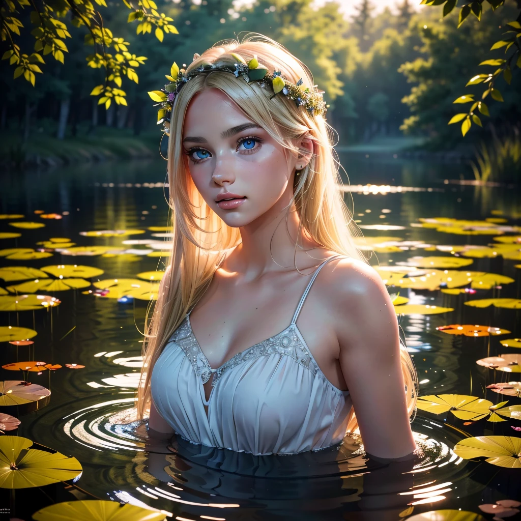 A beautiful 19-year-old girl, with blonde hair, in a white dress-like garment, standing knee-deep in a pond during the Ivan Kupala festival, a wreath on her head, at night,(best quality,4k,8k,highres,masterpiece:1.2),ultra-detailed,(realistic,photorealistic,photo-realistic:1.37),highly detailed face, detailed eyes, lips and hair, beautiful detailed facial features, beautiful detailed dress, highly detailed pond, highly detailed nature, moody dramatic lighting, dramatic colors, mystical atmosphere