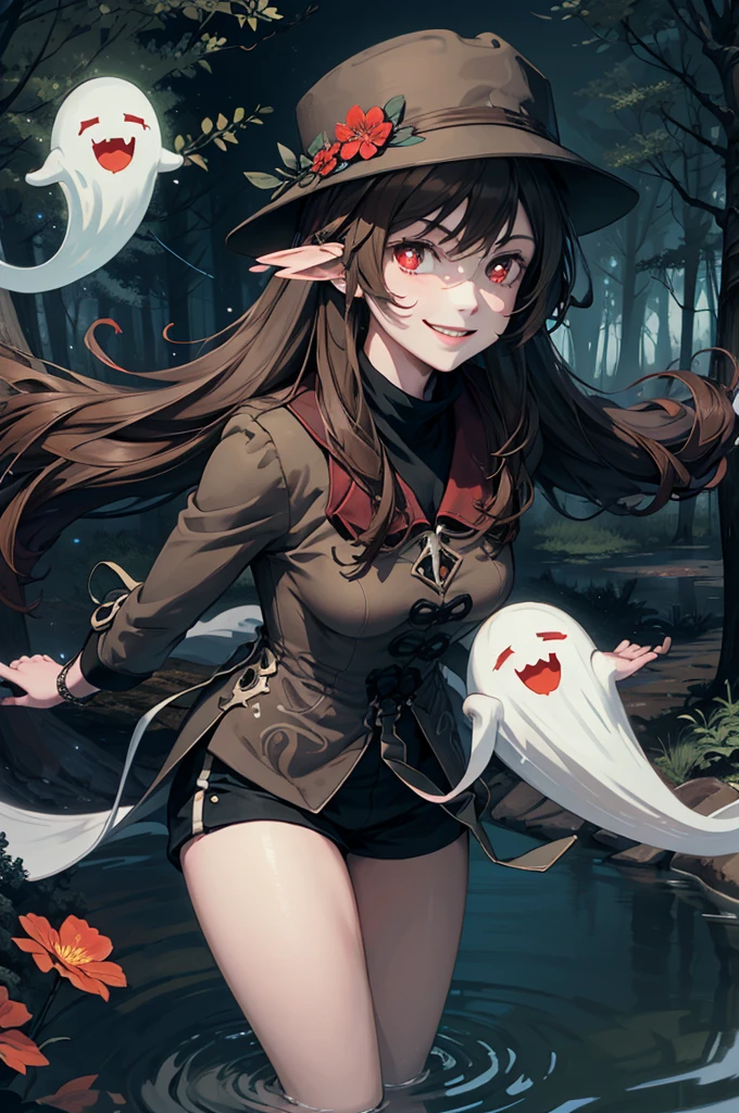 1 girl solo, brown jacket, long brown hair, red eyes, brown hat with red flowers, white ghost smiling, outside in a swampy forest at night, swamp lights, ghost figures around, blue lights flying in the air, will-o-the-wisp