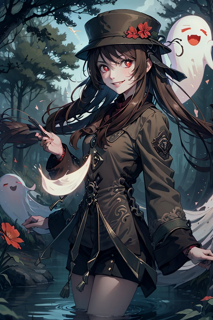 1 girl solo, brown jacket, long brown hair, red eyes, brown hat with red flowers, white ghost smiling, outside in a swampy forest at night, swamp lights, ghost figures around, blue lights flying in the air, will-o-the-wisp