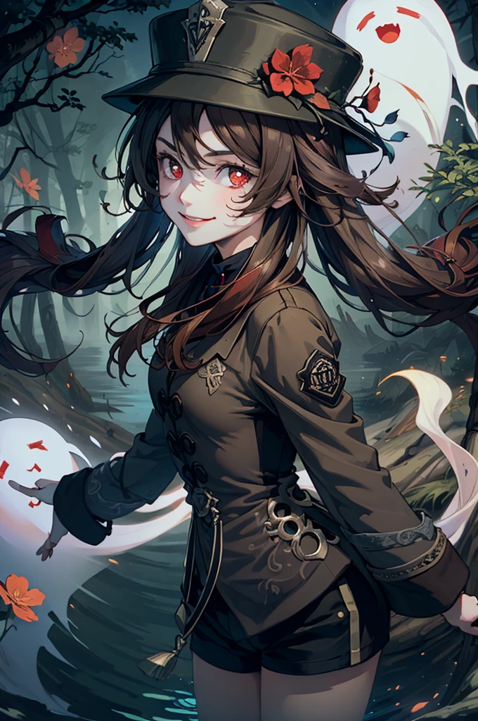 1 girl solo, brown jacket, long brown hair, red eyes, brown hat with red flowers, white ghost smiling, outside in a swampy forest at night, swamp lights, ghost figures around, blue lights flying in the air, will-o-the-wisp