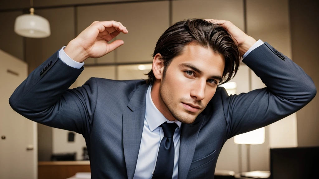 A 28 year old handsome man, arrogant, wearing a business suit, dream guy, an USA resident