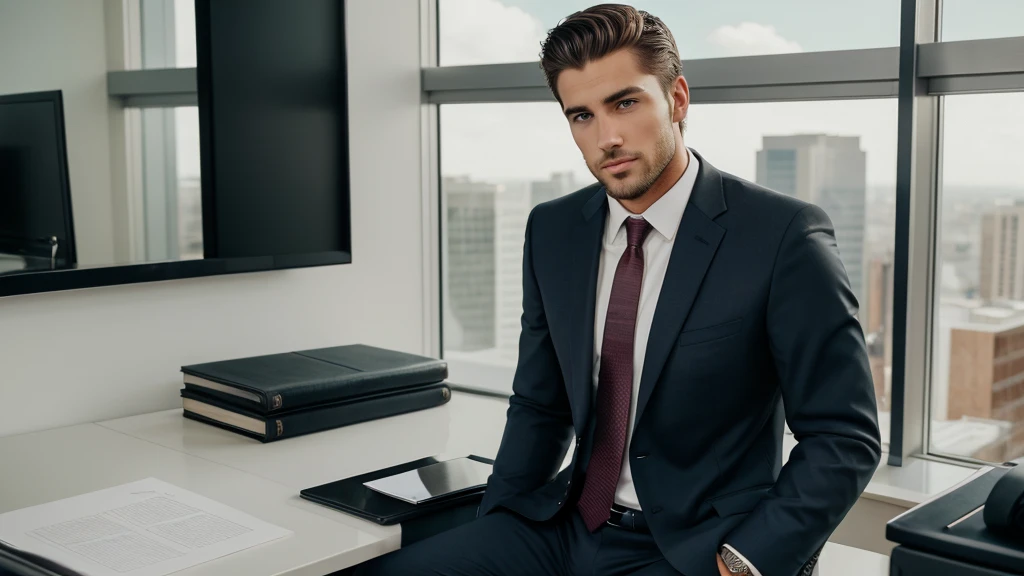 A 28 year old handsome man, arrogant, wearing a business suit, dream guy, an USA resident 