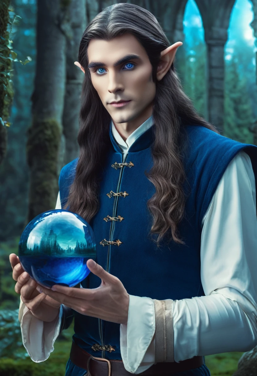 Best quality, high detail, eyes and hands with fingers worked out. Illustration for a book,1 male elf, dark long hair with a blue tint, background forest and castle, elf man in the foreground, elf holding a book and a sphere in his hands, beautiful and tall elf, sapphire eyes, proportional and clear hands and eyes, HD, 8K.