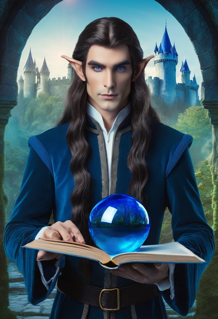 Best quality, high detail, eyes and hands with fingers worked out. Illustration for a book,1 male elf, dark long hair with a blue tint, background forest and castle, elf man in the foreground, elf holding a book and a sphere in his hands, beautiful and tall elf, sapphire eyes, proportional and clear hands and eyes, HD, 8K.