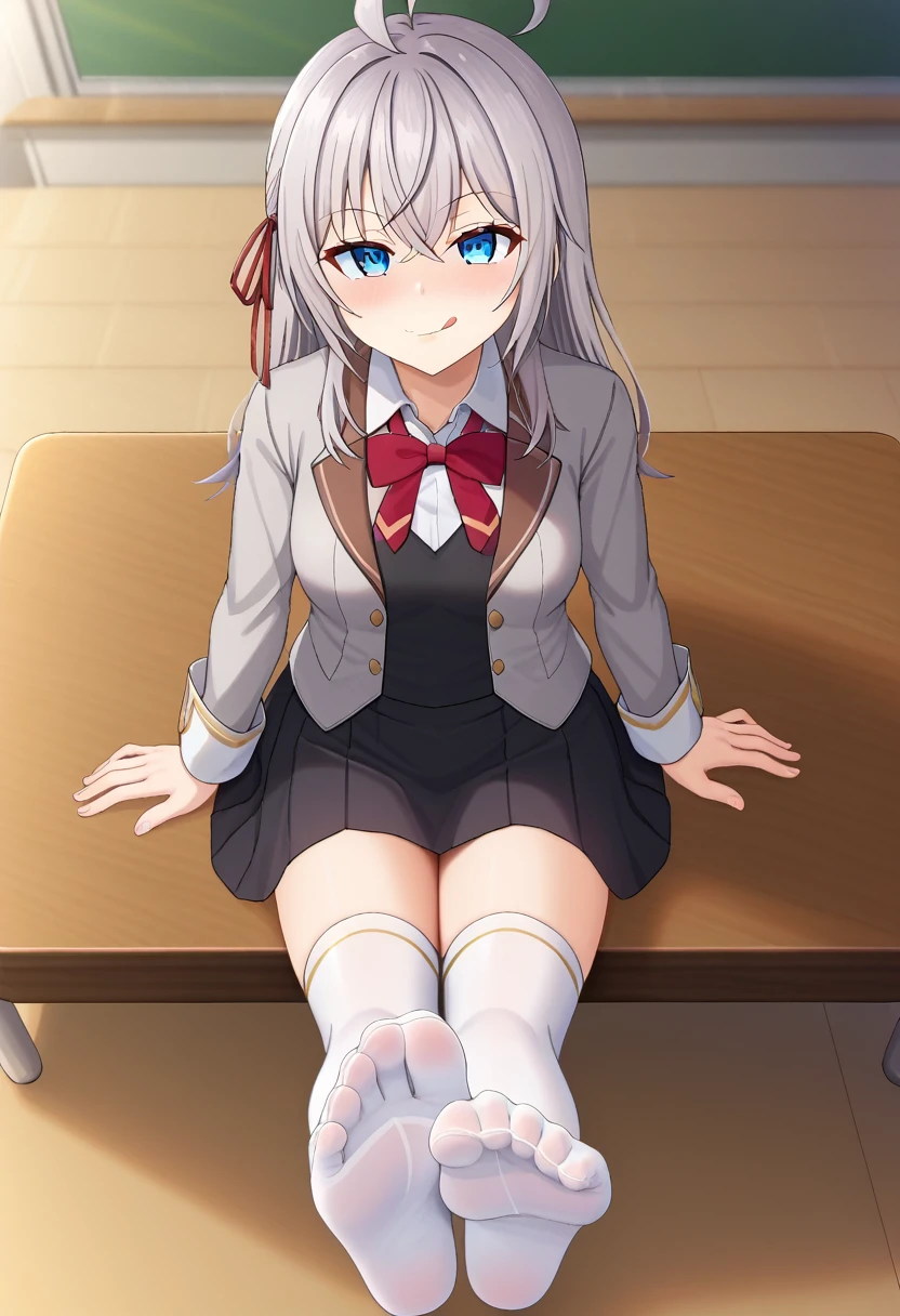 source_anime, 1girl, alya, grey hair, long hair, ahoge, hair ribbon, blue eyes, , bowtie, black skirt, white thighhighs, sitting, on table, foot focus, innocent face, cute, licking lips, looking at viewer, from above, classroom 