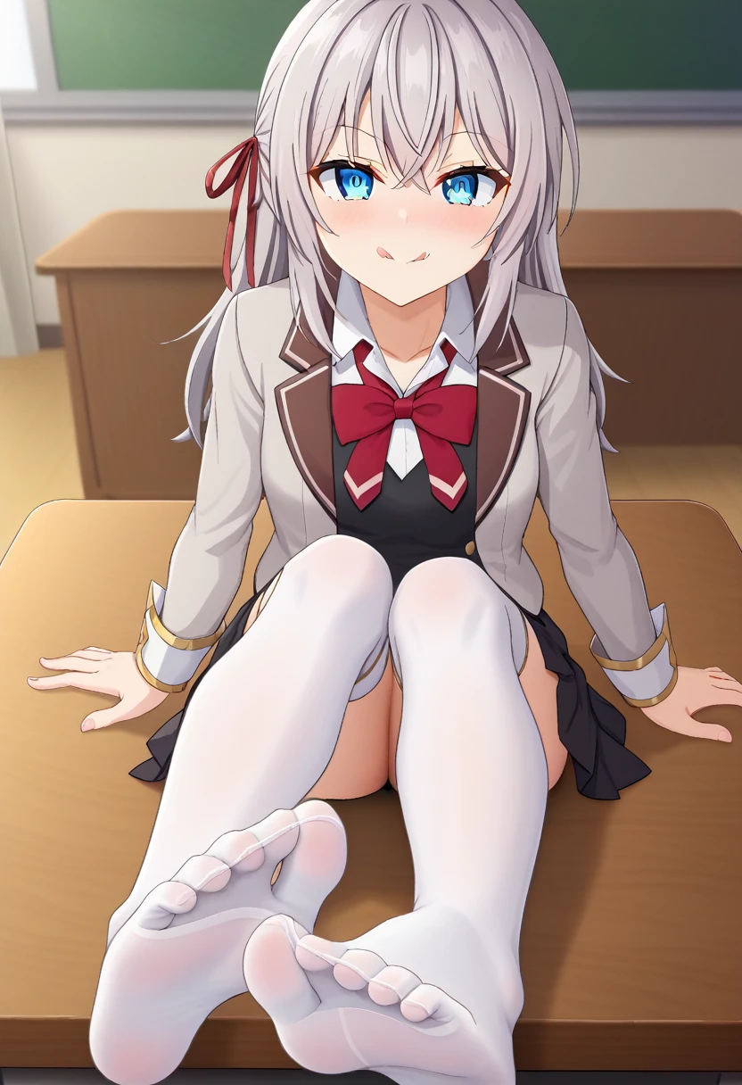 source_anime, 1girl, alya, grey hair, long hair, ahoge, hair ribbon, blue eyes, , bowtie, black skirt, white thighhighs, sitting, on table, foot focus, innocent face, cute, licking lips, looking at viewer, from above, classroom