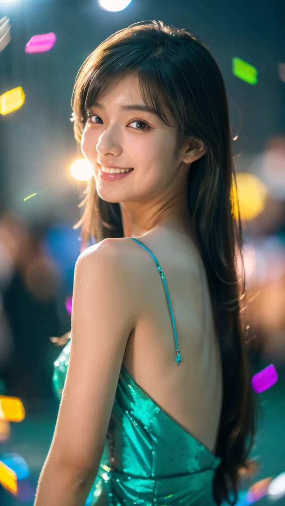 ((masterpiece, Highest Quality, super definition, High resolution)), sony a7, Film grain, a dark night, Photorealistic, one-point perspective, diffuse reflection, colorful shiny particles, Lens Flare, Soft lighting, ((1 slender woman of Japan, ), arms up:1.1, ((body shot:1.5)), Looking back, Seductive smile, dark brown very long hair, (黒いマイクロビキニ:1.2), hyperdetailed face, Detailed eyes, Detailed Lips, Double eyelids, Small breasts:1.2, Spectators get excited, confetti flies, innocent smile, High quality, 4K, long hair,