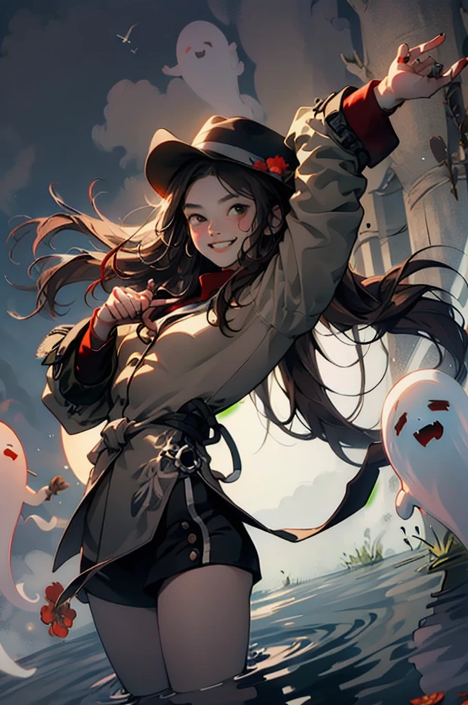 1 girl solo, brown jacket, long brown hair, red eyes, brown hat with red flowers, white ghost smiling, outside in a swampy forest at night, swamp lights, ghost figures around, blue lights flying in the air, will-o-the-wisp