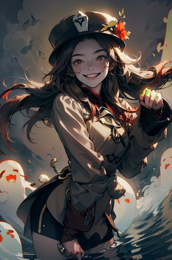 1 girl solo, brown jacket, long brown hair, red eyes, brown hat with red flowers, white ghost smiling, outside in a swampy forest at night, swamp lights, ghost figures around, blue lights flying in the air, will-o-the-wisp