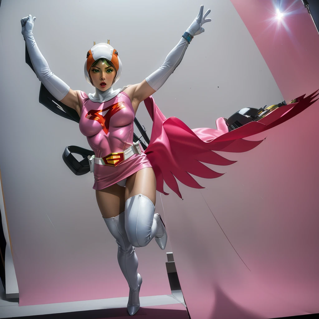 ANI_CLASSIC_jun_gatchaman_ownwaifu,1girl, ,good anatomy, masterpiece, best quality,realistic, hyperrealistic, 16k hdr,breasts,green eyes,lips,large breasts,lipstick,makeup,gloves,cape,helmet,belt,elbow gloves,white gloves,mask,ultra miniskirt,leotard,spacesuit,white tight overknee highheels boots,pink dress,superhero,bodysuit,cleavage,erected nipples,((jumping poses,arms up straight)),cameltoe