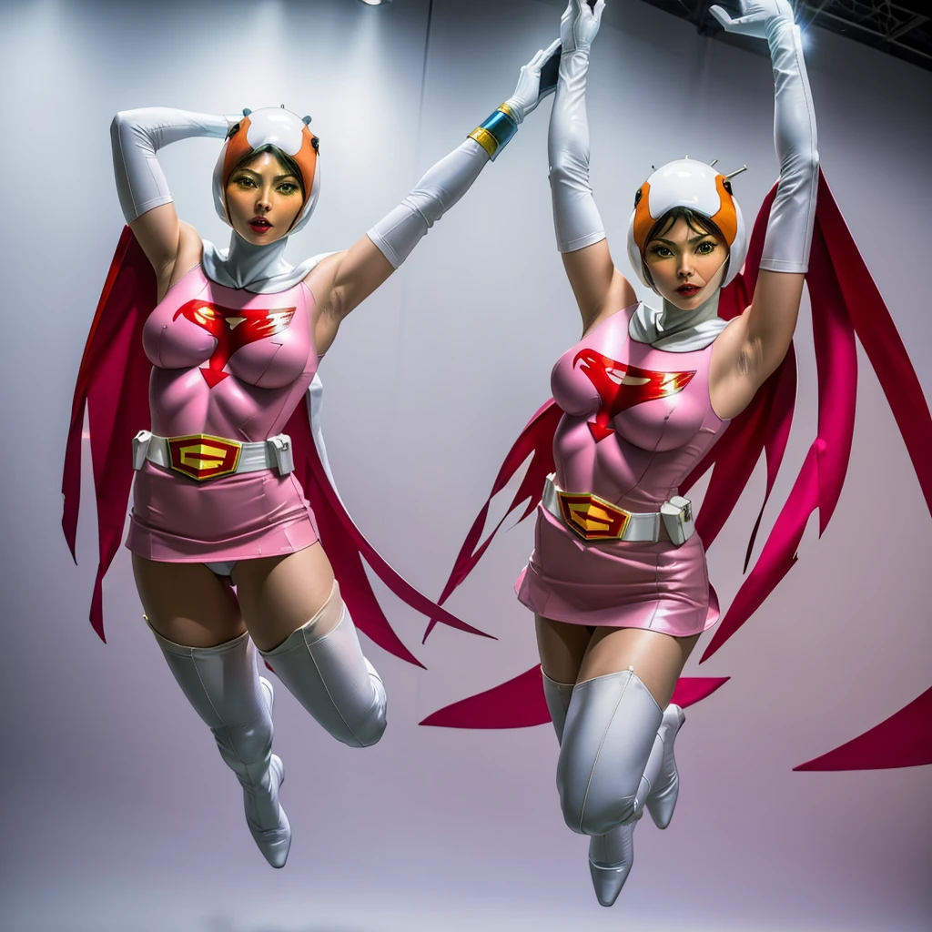 ANI_CLASSIC_jun_gatchaman_ownwaifu,1girl, ,good anatomy, masterpiece, best quality,realistic, hyperrealistic, 16k hdr,breasts,green eyes,lips,large breasts,lipstick,makeup,gloves,cape,helmet,belt,elbow gloves,white gloves,mask,ultra miniskirt,leotard,spacesuit,white tight overknee highheels boots,pink dress,superhero,bodysuit,cleavage,erected nipples,((jumping poses,arms up straight)),cameltoe