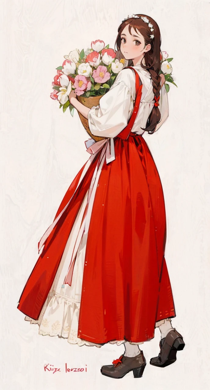 Kizi, Holding flowers, redgown, brownhair, standing backwards