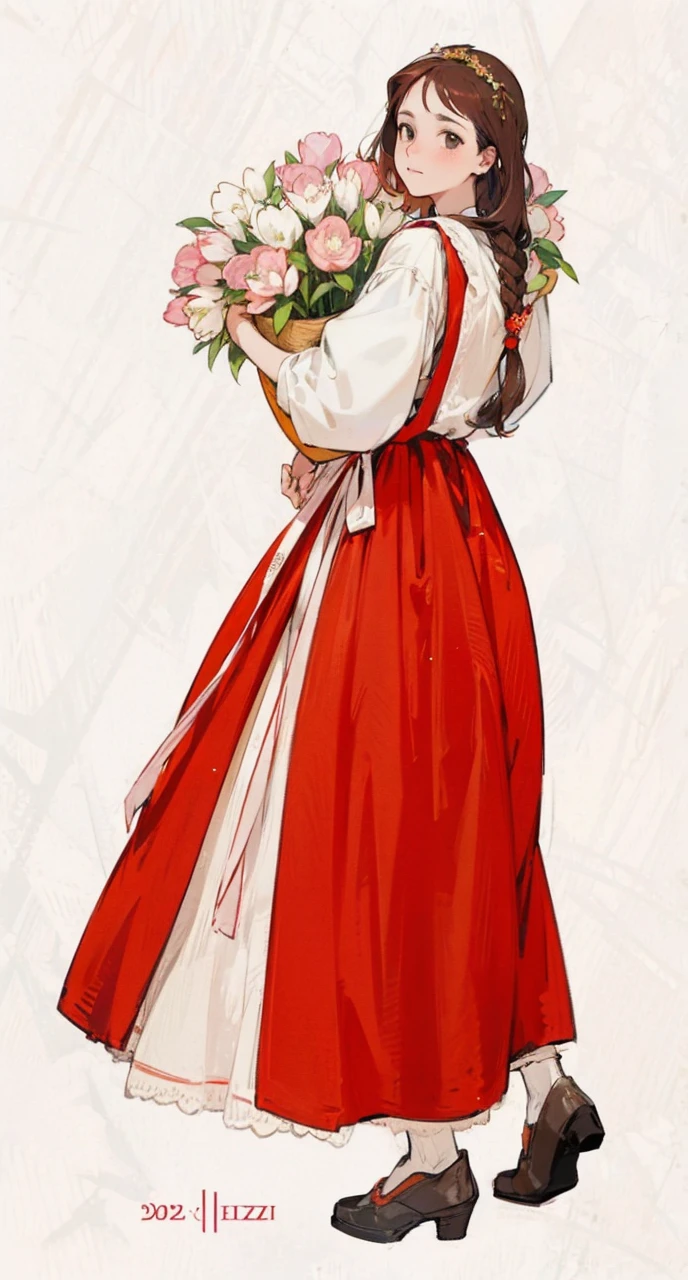 Kizi, Holding flowers, redgown, brownhair, standing backwards