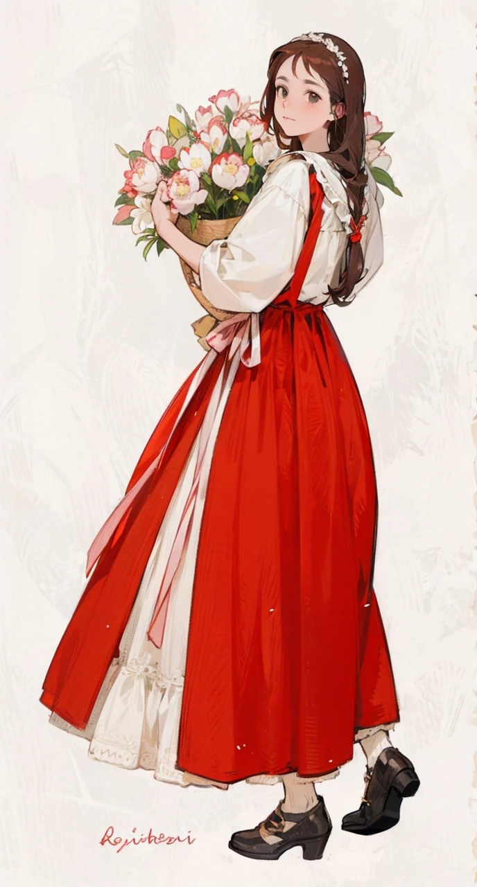Kizi, Holding flowers, redgown, brownhair, standing backwards