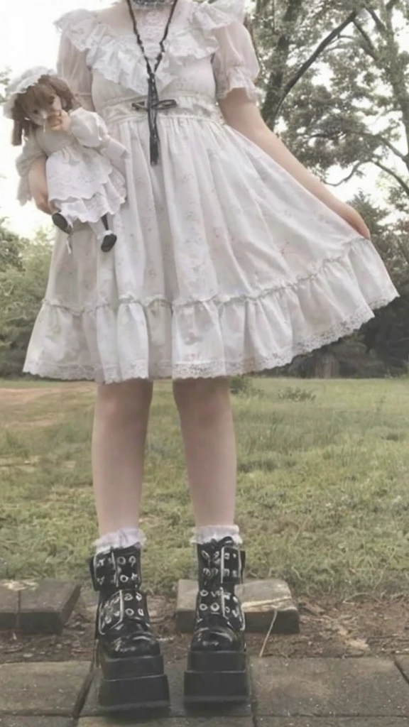 araffe girl in a white dress and black boots holding a doll, lolita style, Lolita fashion, dress with ruffles ((tattered)), linda angelical, dress with ruffles ((lace)),  of dress, fairy core, fair and pale skin!!, Clothing with ruffles, young pale ghost, frilled blooming collar, extremely pale