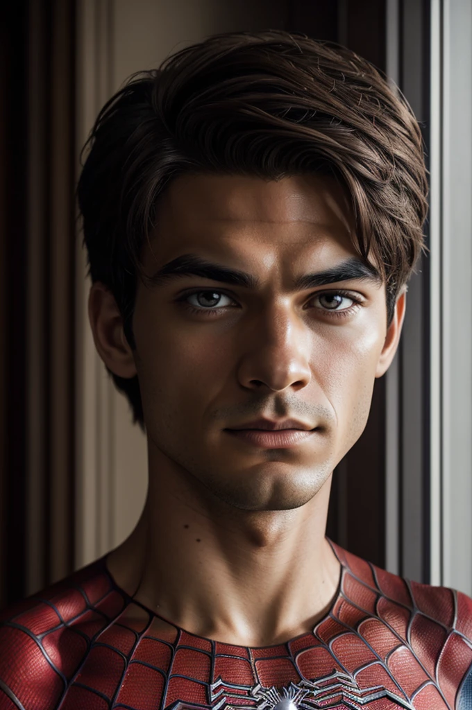 A photograph of Spider-Man., sin mascara, the 20s, elegant, detailed face, looking to the camera, portrait, 8k hd, high quality
