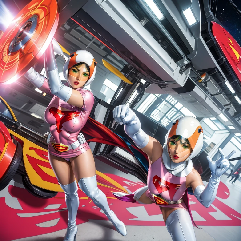 ANI_CLASSIC_jun_gatchaman_ownwaifu,1girl, 15 years old,good anatomy, masterpiece, best quality,realistic, hyperrealistic, 16k hdr,breasts,green eyes,lips,large breasts,lipstick,makeup,gloves,cape,helmet,belt,elbow gloves,white gloves,mask,ultra miniskirt,leotard,spacesuit,white tight overknee highheels boots,pink dress,superhero,bodysuit,cleavage,erected nipples,((fighting poses)),cameltoe