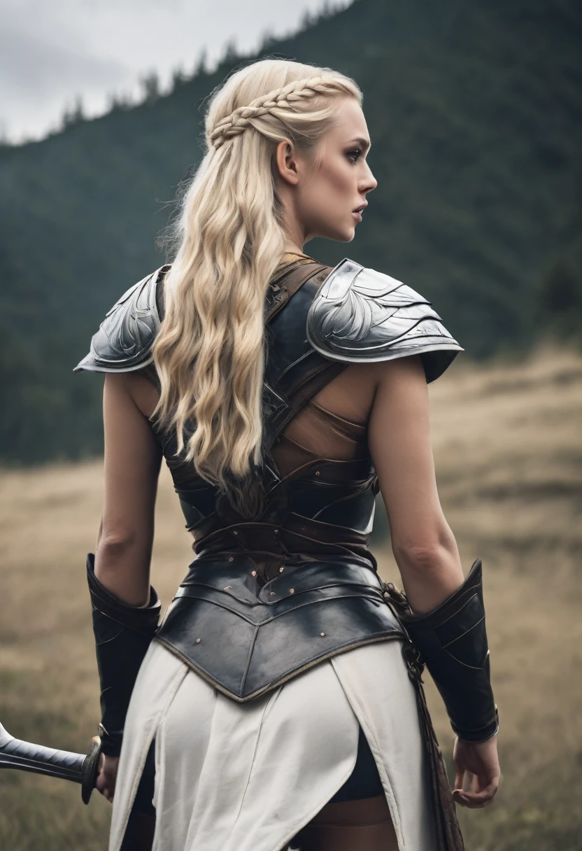 rear view of young sexy blonde female valkyrie 